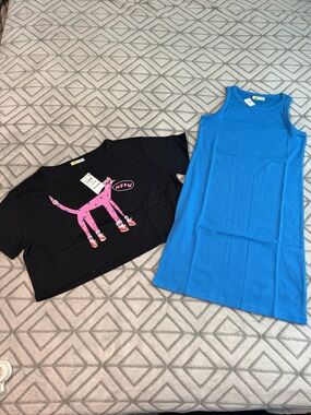 Epic Threads Black Short Sleeve T-Shirt with Pink Polka Dot Cat Graphic & dress
